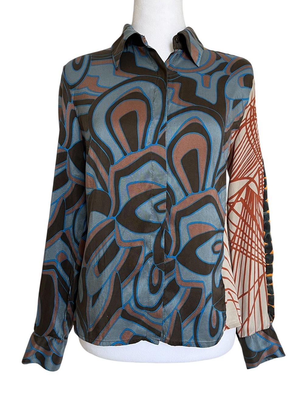 RARE Vintage Dries Van Noten 100% Silk Brown‎ Blue Long Sleeve Blouse Top 38 4 S